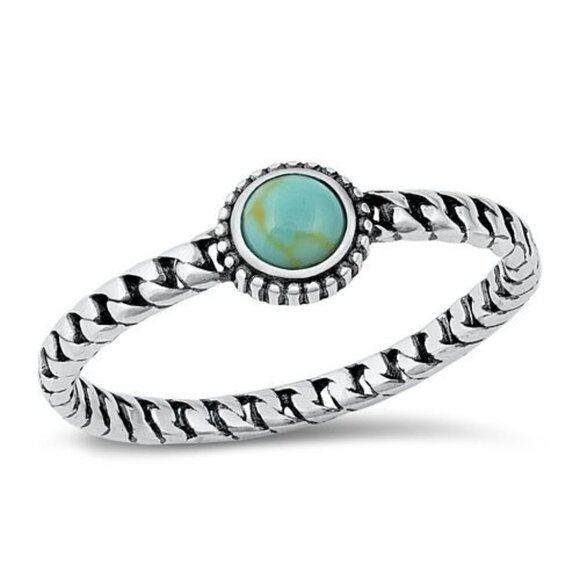 Sterling Silver 925 Dainty Minimalist Round Turquoise Twisted Band Ring Sz 6.5 - Picture 1 of 16